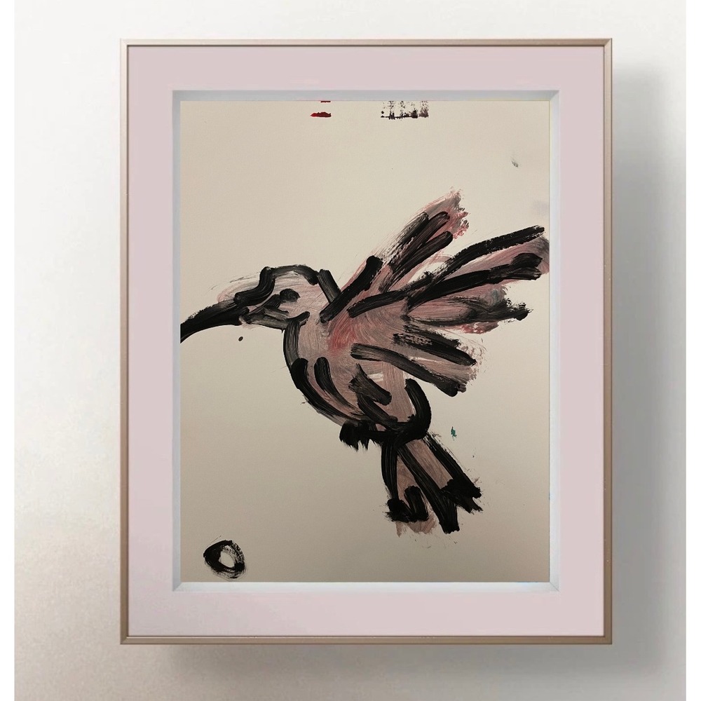 OMAN Original Hummingbird Abstract Painting 9x12 Paper Art Black Pink Neutral
